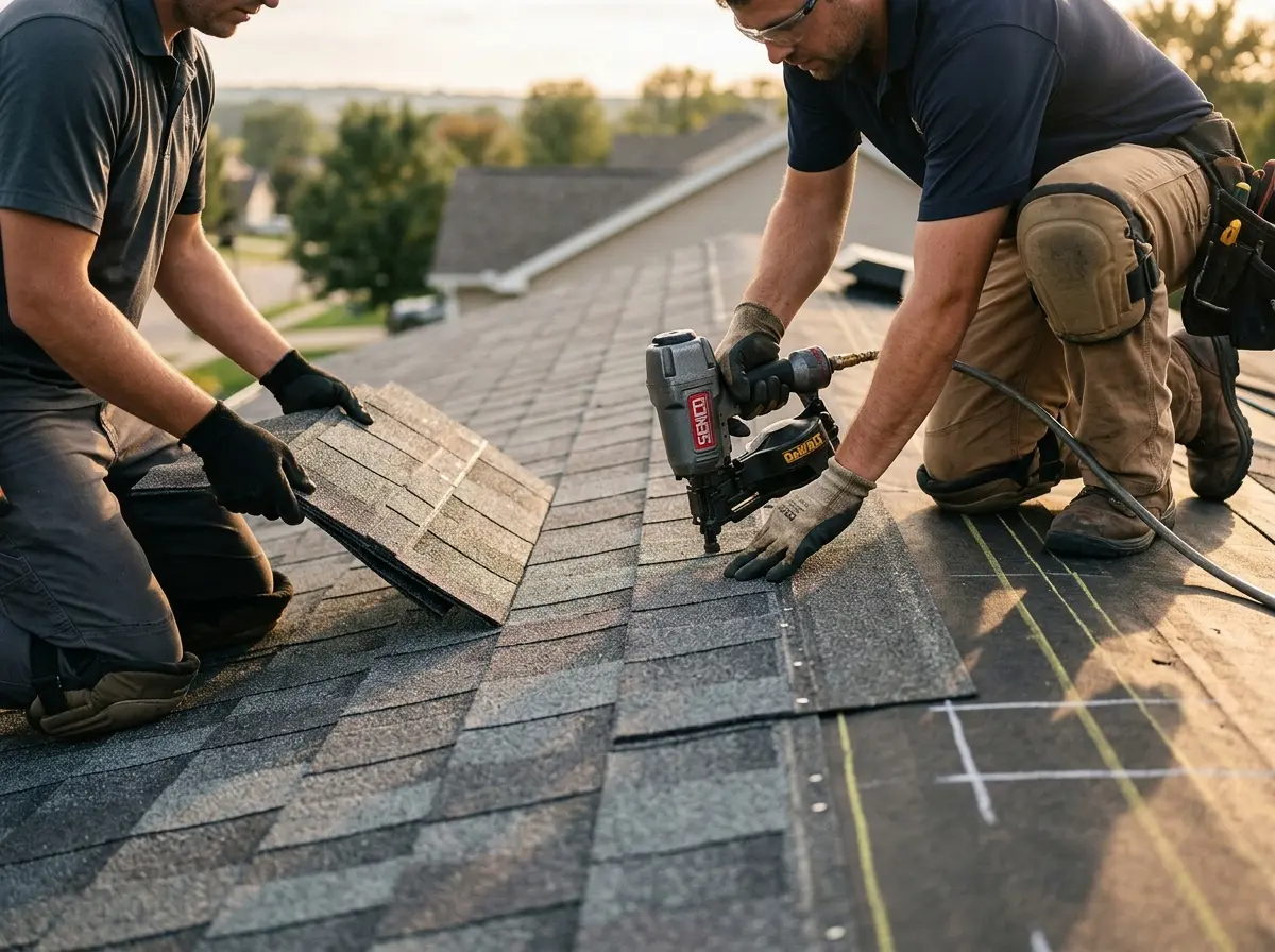 Professional roofer working on a residential roof in Arkadelphia